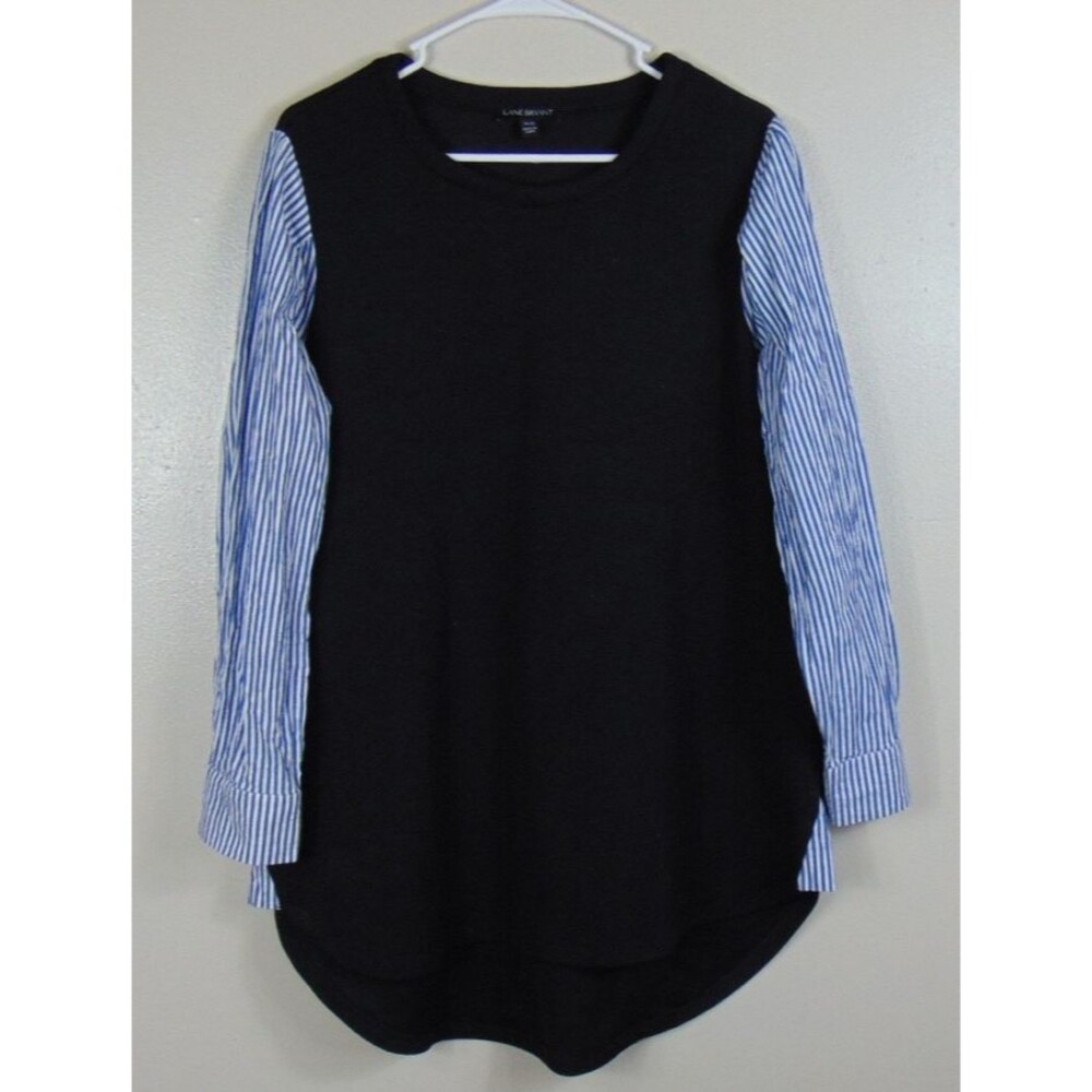 Lane Bryant Womens 14/16 Black Tunic Top Blue Striped Sleeves Career Plus Church